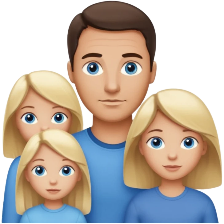 Family portrait with father with dark brown hair and blue eyes, mother with light brown hair and blue eyes, three blonde little girls with blue eyes emoji
