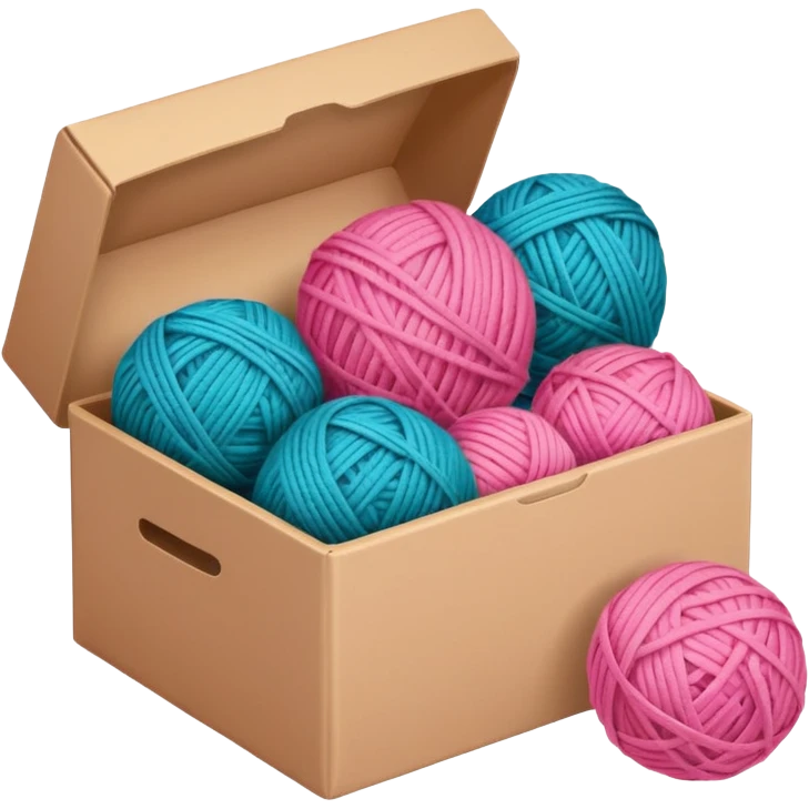 paper box with toys, ball of yarn, pink emoji