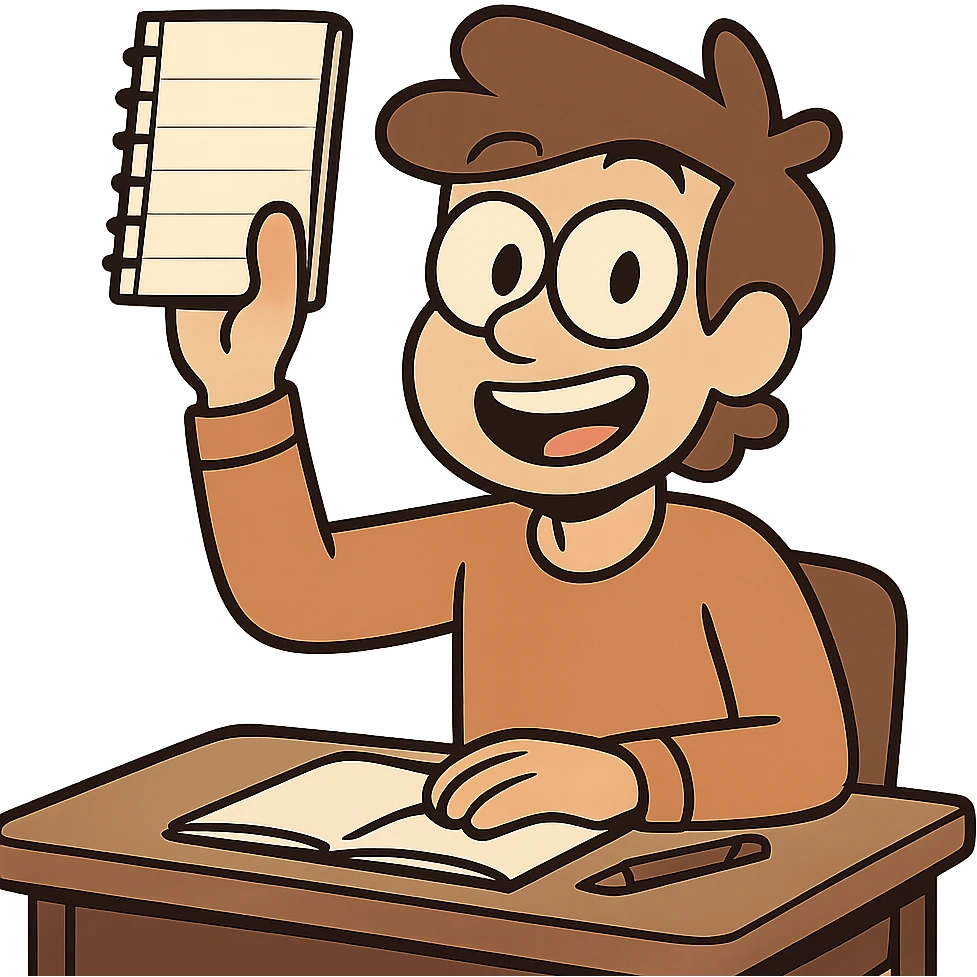 cartoon character at a desk, smiling and holding up a notebook, symbolizing class participation, friendly and inviting style emoji