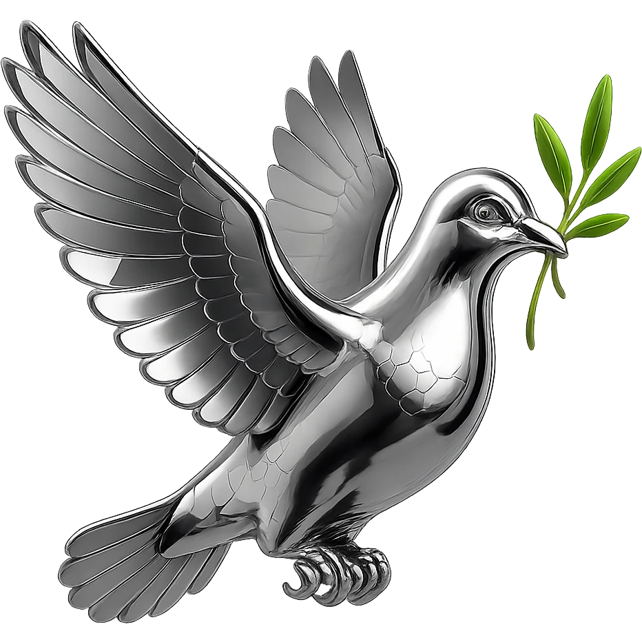 Make the branch in the pigeon's beak green while keeping the rest of the image in chrome style, no background. emoji