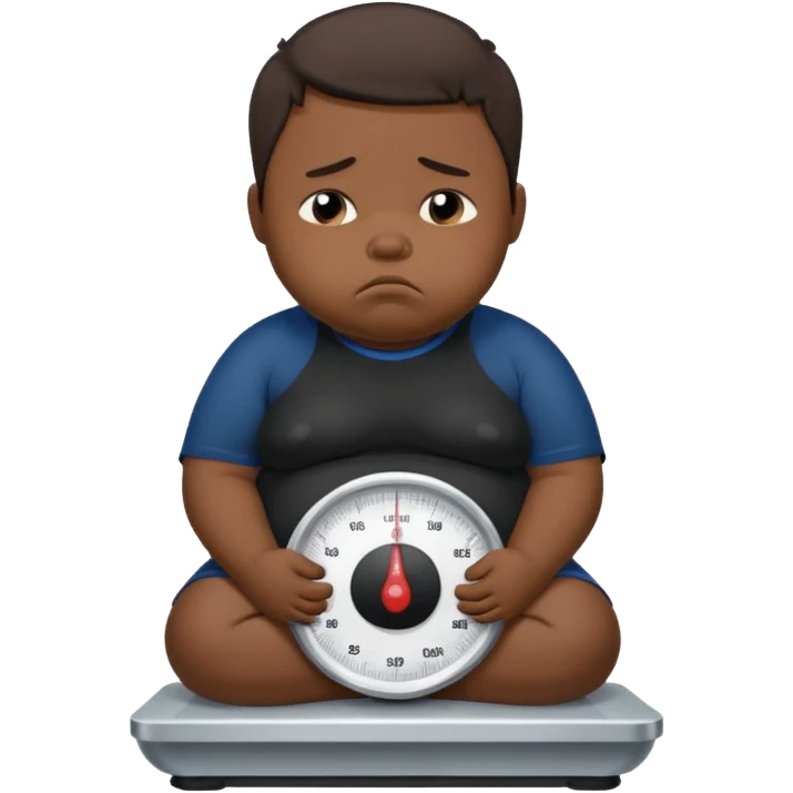 sad fat young boy in black t shirt on weight scale crying because sadness emoji