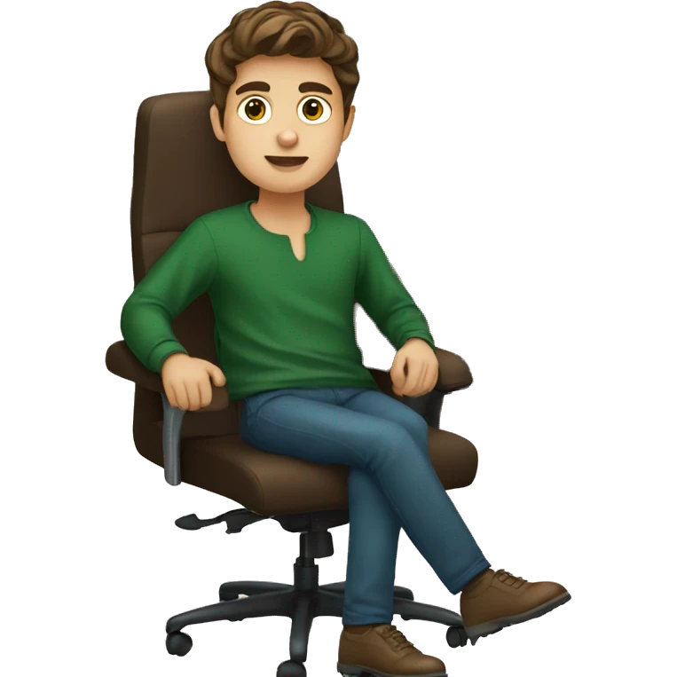 brown hair boy with dark green oversize shirt sitting in office chair emoji