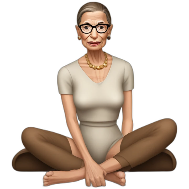sexy ruth bader ginsburg wearing crotchless bottoms bare chest (full body, ios17, sitting indian style on the ground, legs apart) emoji