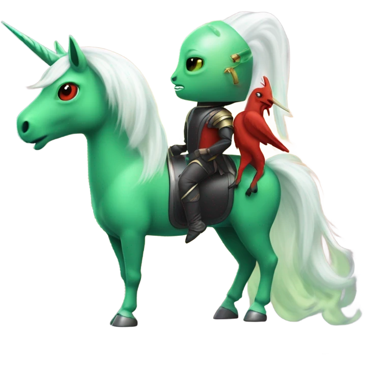 four-legged green unicorn white. a red amazon alien woman, on a unicorn emoji