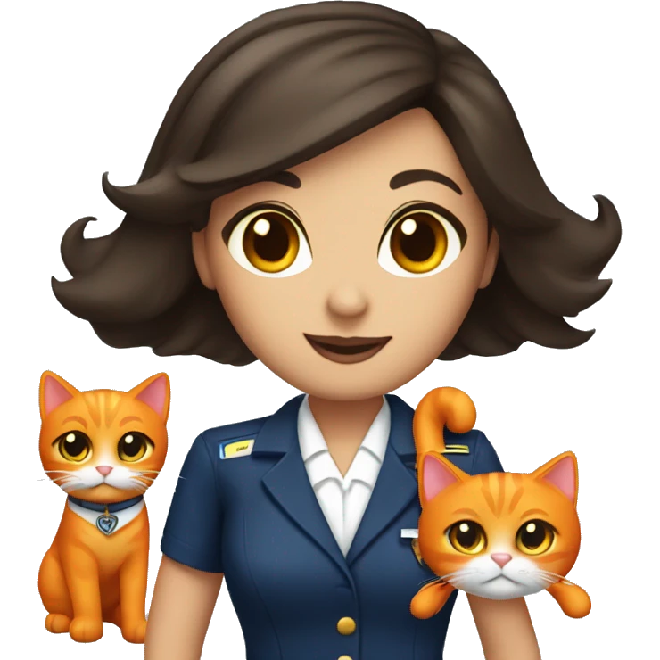 Dark hair brown eyed flight attendant with an all orange cat emoji
