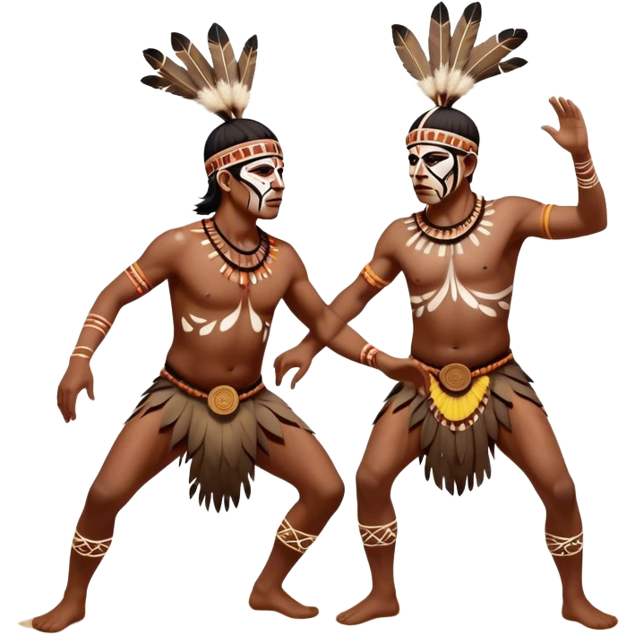 Cinematic Realistic scene of two indigenous male aboriginals performing an Aboriginal Corroboree, adorned in traditional body paint, captured in fluid motion with earthy tones and vibrant, cultural lighting emoji