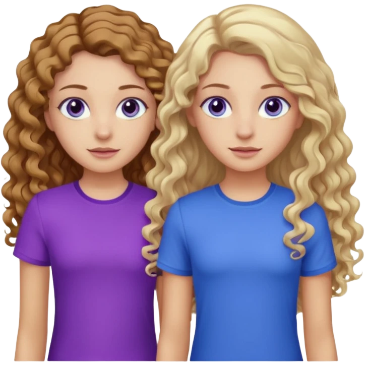 Twin sisters, one has brown eyes, long curly brown hair, the other one has blue eyes and straight blond hair purple top emoji