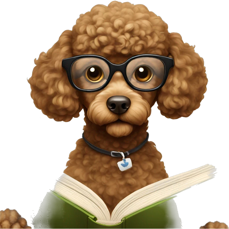Brown poodle with wire rim glasses reading a book emoji