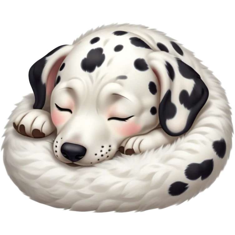 Meme-Worthy Cute Sleeping Spotted Dalmatian Portrait Emoji, Head resting peacefully with a contented smile, showcasing a delightfully majestic build and a luxuriously soft Fur of predominantly white with bold black patches, eyes shut in a serene nap, Simplified yet hilariously adorable features, highly detailed, glowing with a soft, drowsy light, high shine, relaxed and utterly lovable, stylized with an air of playful laziness, bright and heartwarming, soft glowing outline, capturing the essence of a comically sleepy guardian, so meme-worthy it feels like it could instantly become the next viral sensation of adorable slumber! emoji