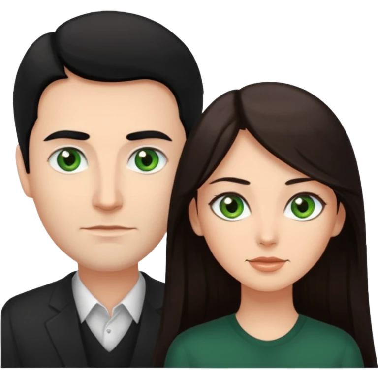 White man with black hair and green eyes woman with long brown hair and brown eyes emoji