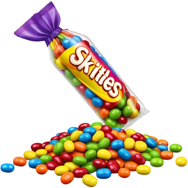 A vibrant rainbow-colored Skittles package with only bright green candies spilling out. The package is very colorful with red, orange, yellow, purple and blue, while all the candies are exclusively green. emoji
