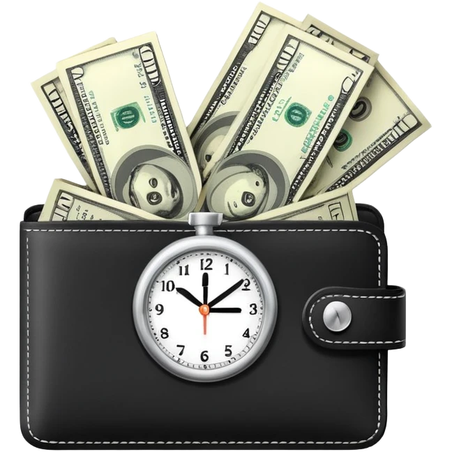 black wallet with dollar bills sticking out and a small clock in top right corner over the wallet emoji