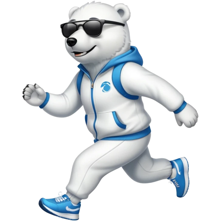 friendly anthropomorphised polar bear jogging upright wearing a tracksuit and sneakers, dark sunglasses emoji