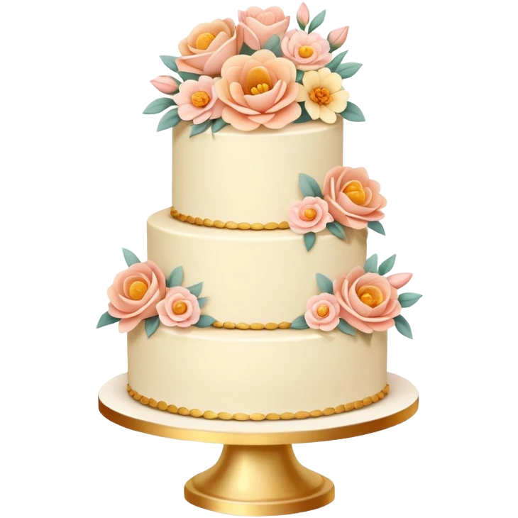 Romantic pastel wedding cake with warm-colored flowers on a gold plate emoji