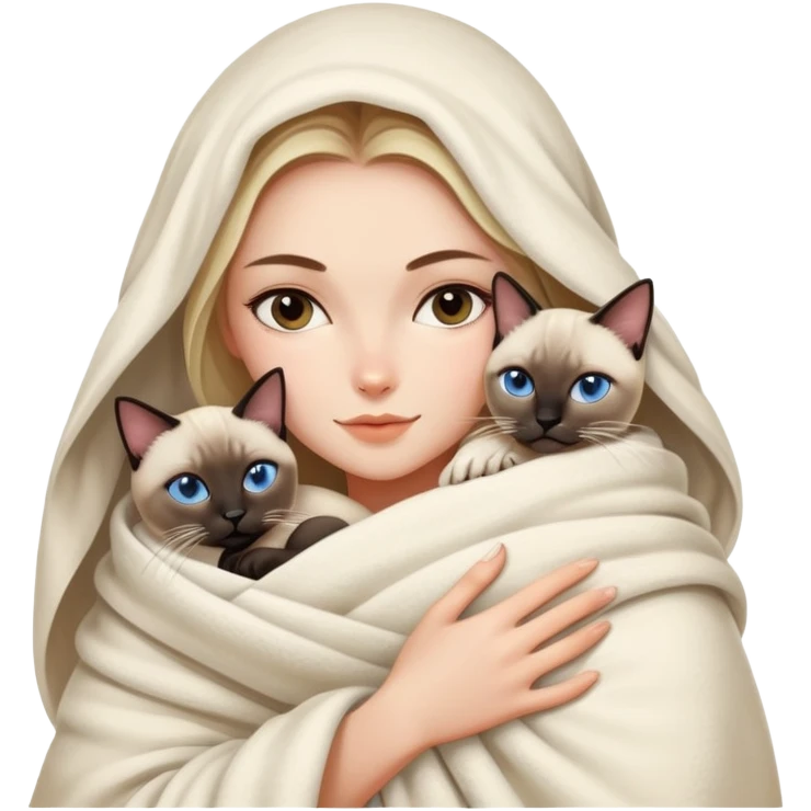 A beautiful and sexy Caucasian girl wrapped in a blanket hugging a Siamese cat emoji
