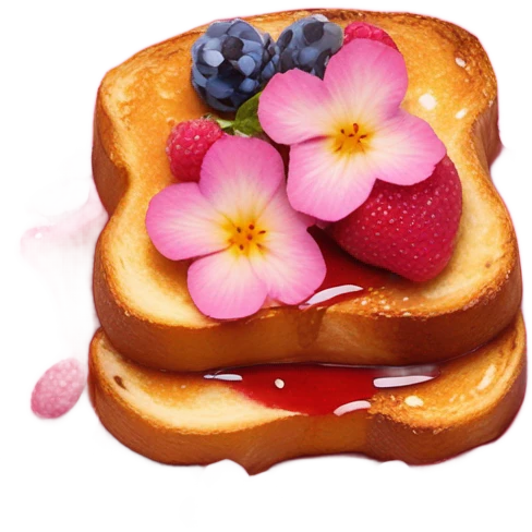 French Toast with pink syrup garnished with flowers and fruit on a pink glitter plate emoji