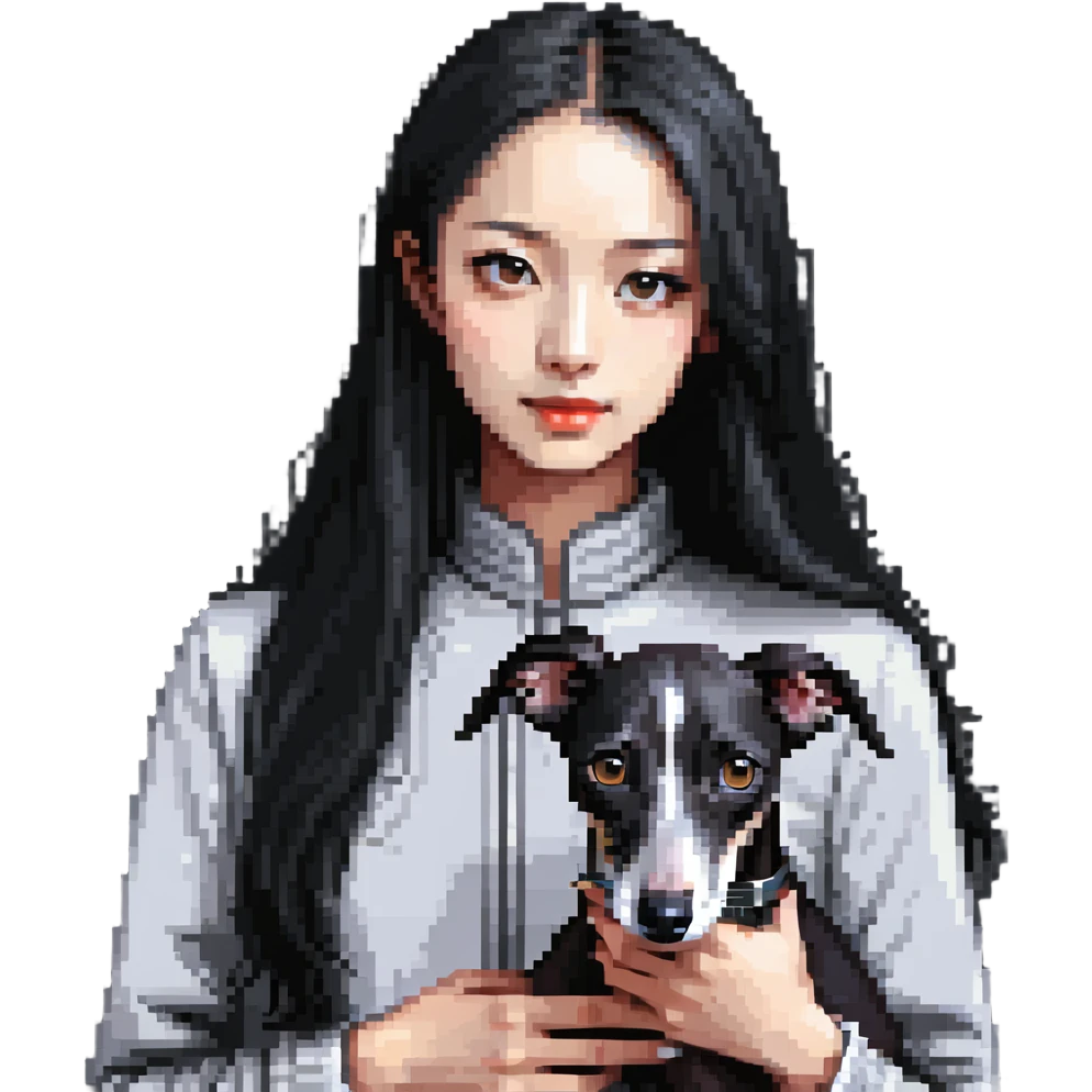 Slim Chinese girl with long black hair and her completely solid grey Italian greyhound in a cozy home setting with a fireplace, no white markings on the dog emoji