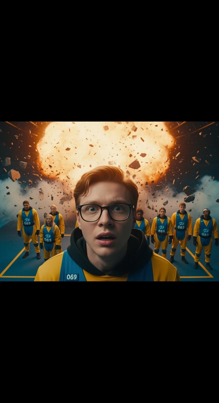 Cinematic still from "squid game" character movie, explosion in background emoji