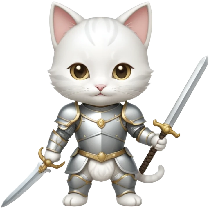 baby chibi white cat in silver armor, full body, smile, hold sword emoji
