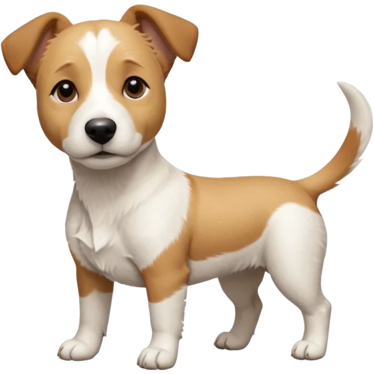 a full body facing front on of a buff white beagle cross jack russell terrier looking dog the size of a kelpie with light brown long ears resting on its face and a light brown patch above one eye and a large snout. the rest of the dog is completely white.  emoji