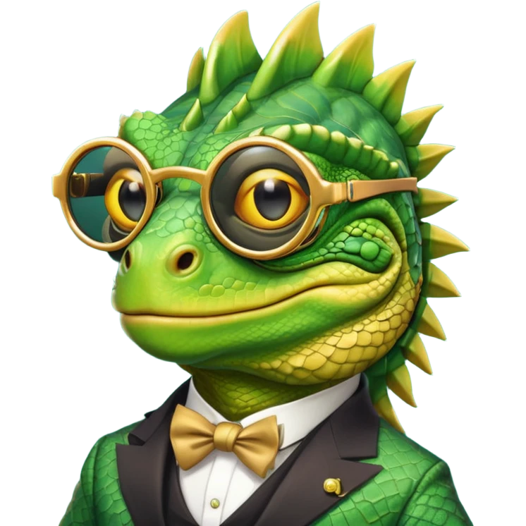 rich capitalist iguana head with golden glossy sunglasses emoji