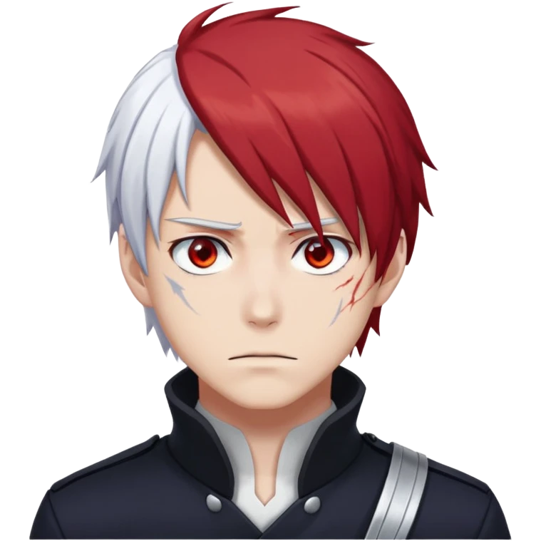 Shoto Todoroki face only, left side white hair, right side red hair, heterochromatic eyes, burn scar on left side of face, serious expression emoji