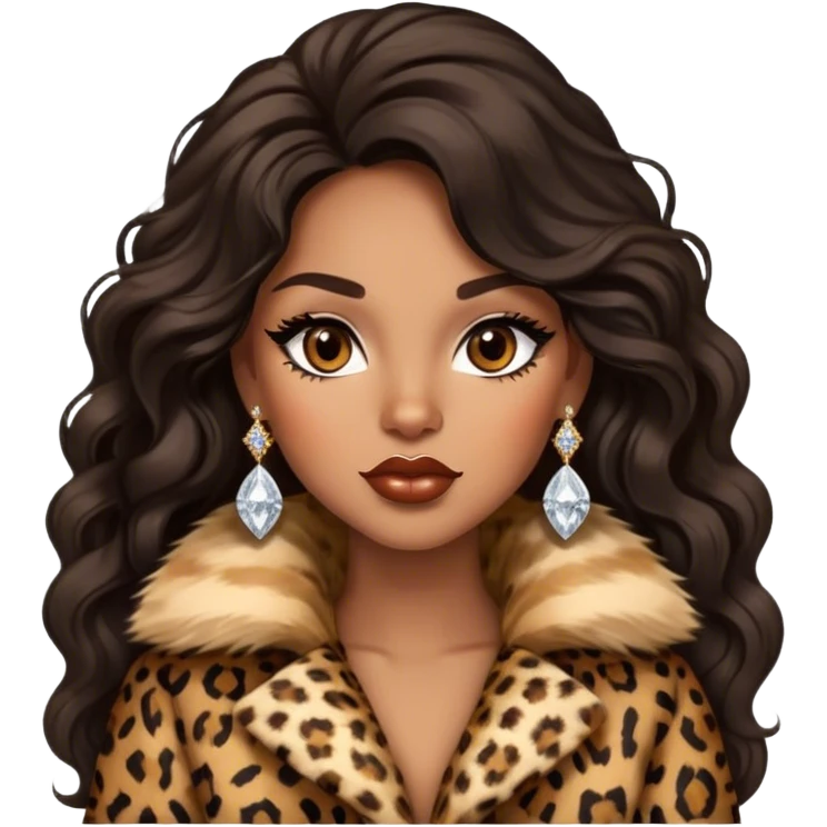 light brown skin tone, very beautiful woman, with big plump lips, long long lashes, black wavy long hair, brown eyes, leopard fur coat, diamond earrings emoji