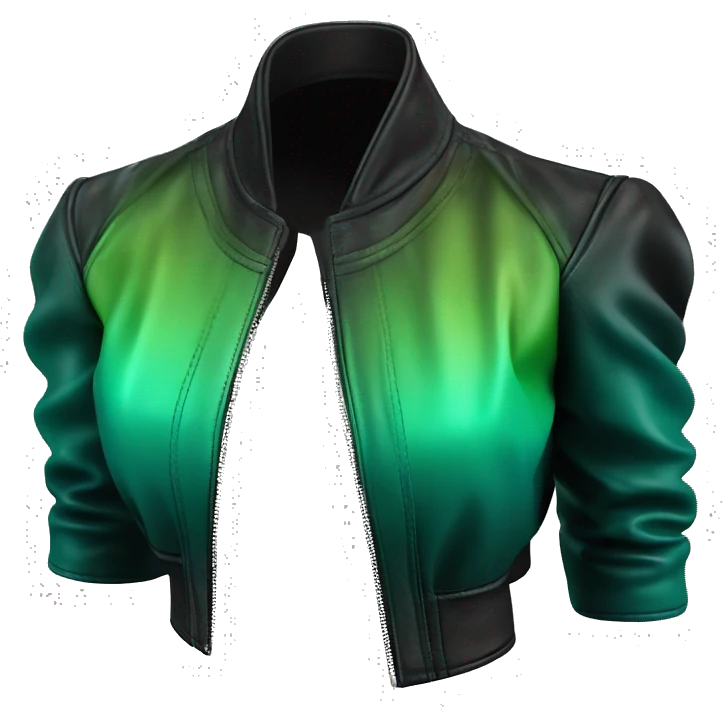 Realistic isolated side view of an open dark teal,lime green,mint green and emerald green ombre bolero fashion leather jacket. emoji