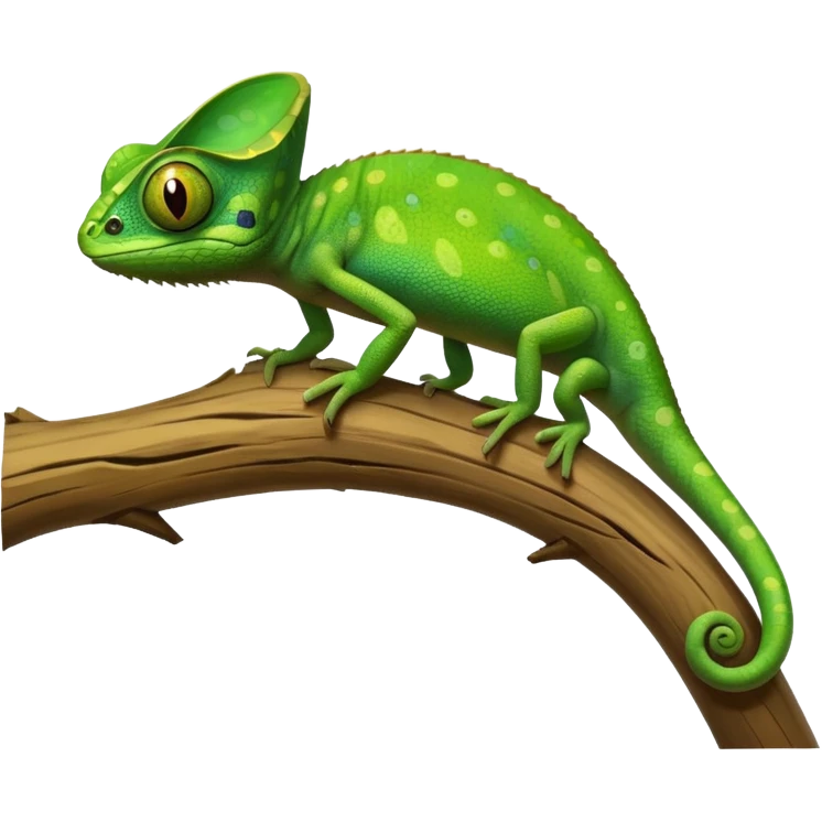 A small green chameleon, with large, expressive eyes, perched on a branch. emoji