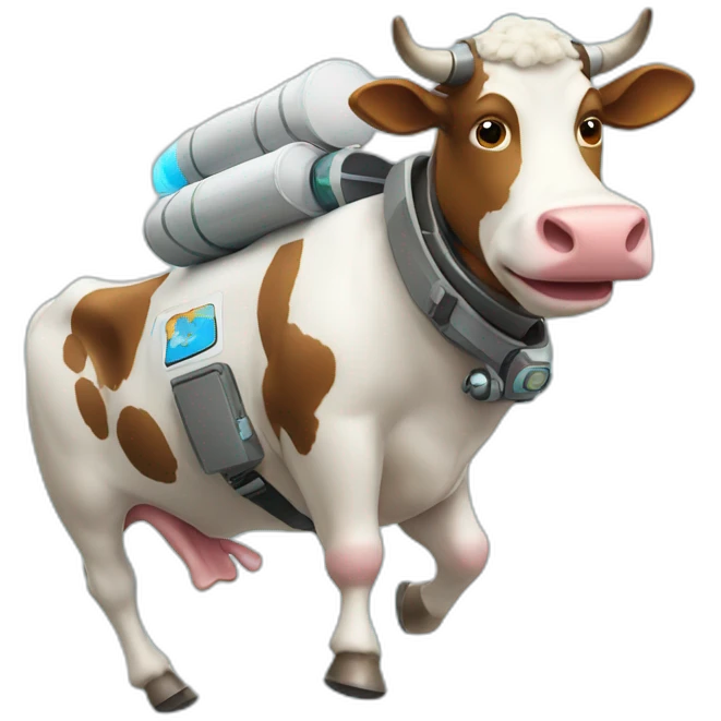 cow with udder flying to space while wearing a jetpack emoji