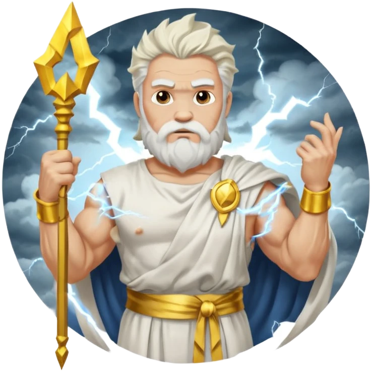 portrait of Zeus, muscular old man with white beard and hair, wearing white toga with gold trim, holding lightning bolt, standing on storm clouds emoji