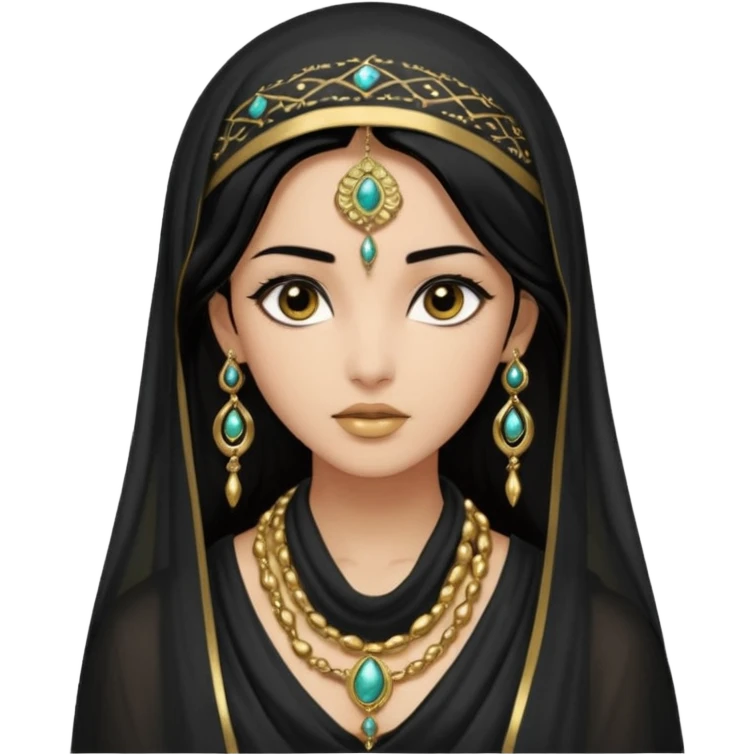  Mujer joven, morena, de gran belleza y porte misterioso.
Ojos grandes y negros, mirada intensa y fija; labios marcados.
-Cabello: Negro, largo y brillante, suele ir cubierto parcialmente por un velo o pañuelo oriental. Cuerpo conpletoVestimenta: Ropa de inspiración arabe brazaletes y pendientes.
 emoji