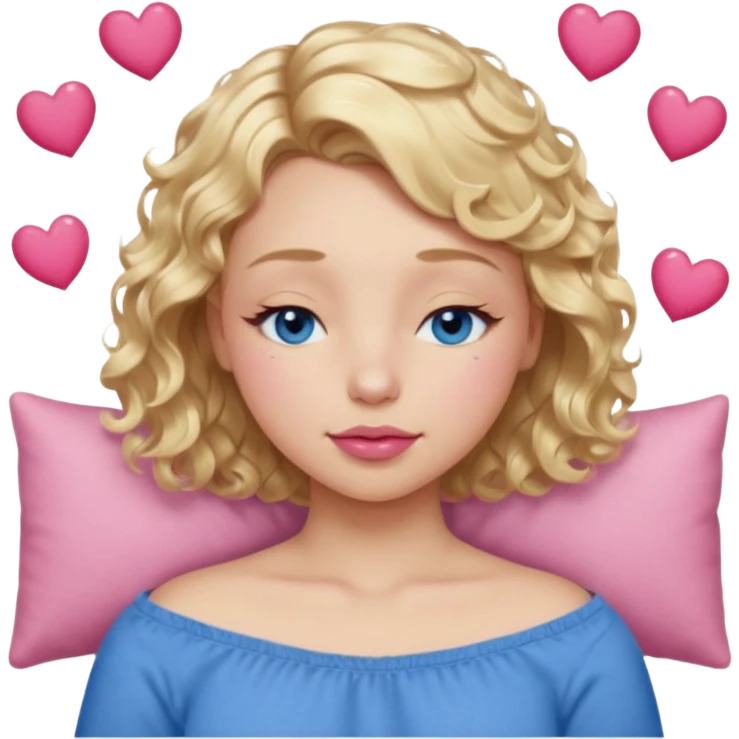 Girl Blonde short wavy hair,  blue eyes, cute blue top, long lashes, pink lips, sleeping eyes closed, hearts  emoji