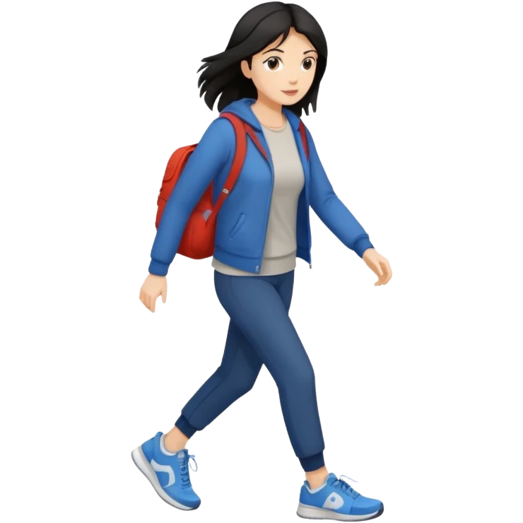 iOS emoji style - a dark haired woman in casual clothes and wearing trainers. Walking quickly. She does not have a bag or backpack.

 emoji