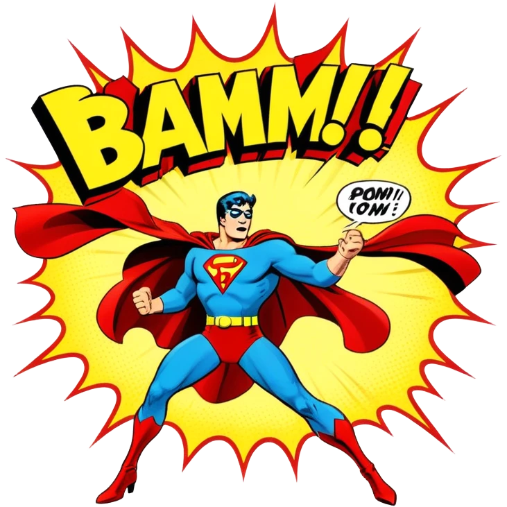 Icon for Vintage American Comics: an open comic book with retro illustrations of classic superheroes, with bold action text like "BAM!" and "POW!" and vibrant colors. The icon should evoke the golden age of American comics. Transparent background. emoji