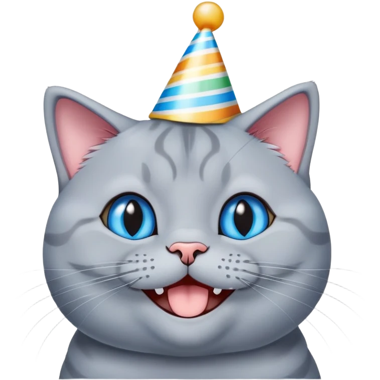 Happy British shorthair blue cat with a big smile wearing a colorful birthday hat emoji