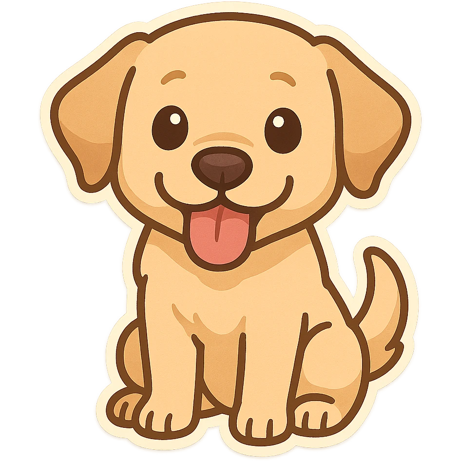 cartoon style labrador dog sitting, tongue out, friendly and cute, suitable for emoji sticker emoji