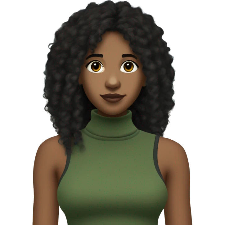 ebony teen with beautiful small brown eyes, and flowing afro Black hair, and she is wearing a casual style baggy loose green cropped regatta sleeveless turtle neck and loose black cargo pants emoji