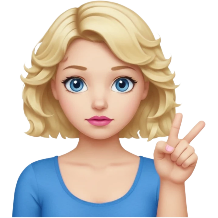 Girl Blonde short wavy hair,  blue eyes, cute blue top, long lashes, pink lips, showing thumbs down 👎  emoji