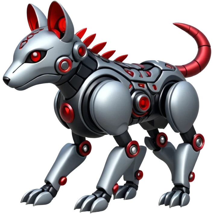 Futuristic mechanical cyborg modern badass cool shiny metallic alloy silver-grey obsidian-black crimson-red white animal hybrid Fakemon full body with intricate patterns emoji