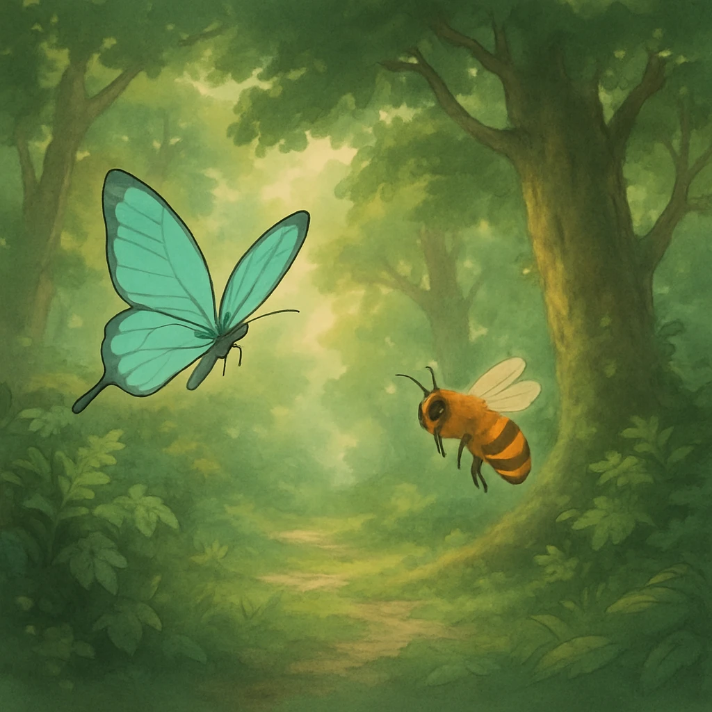 ghibli style butterfly and bee in a lush forest, soft colors, magical atmosphere emoji