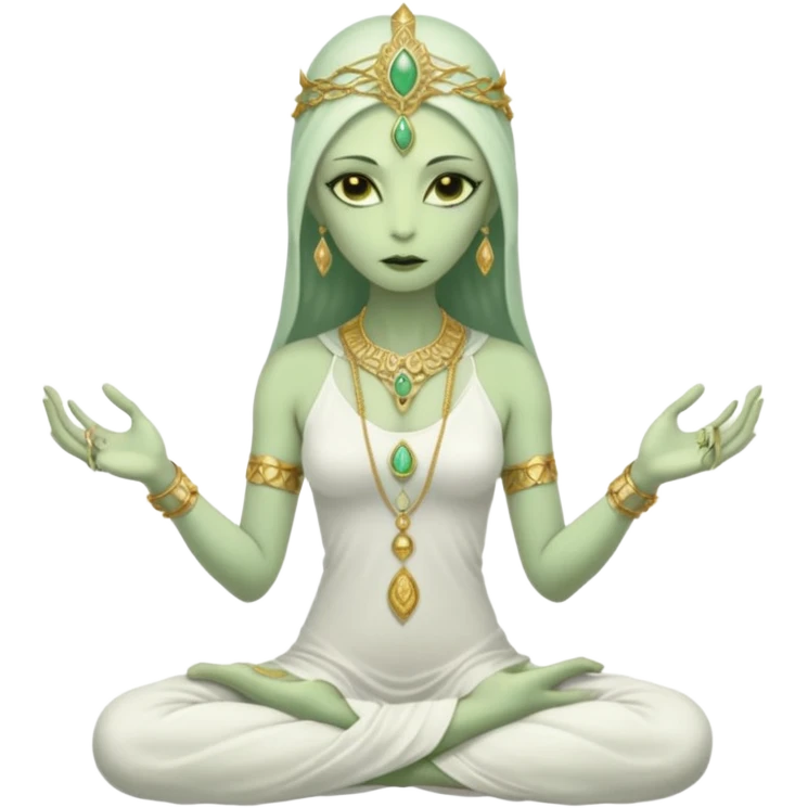 a Reptilian alien woman,in meditation, white dress like a priestess emoji