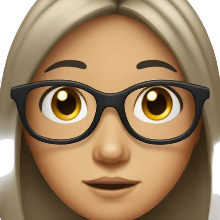 A girl with freckled gray eyes and black hair wearing transparent glasses emoji