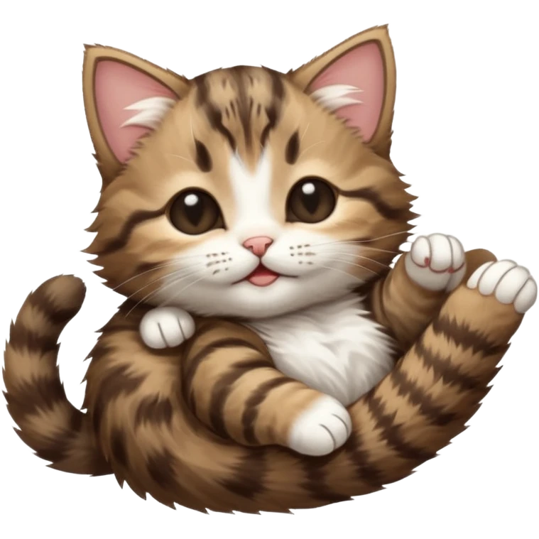 dark brown tabby and white kitten eyes closed whilst stretched out and  upside down emoji