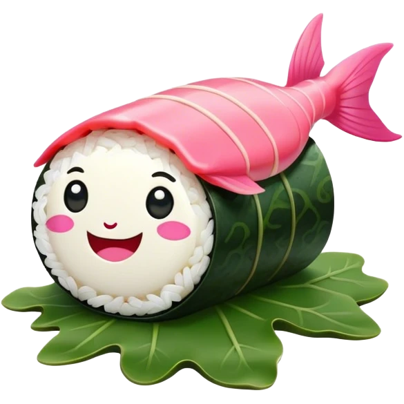 Cute Kawaii Maki Sushi Roll, small and round, wrapped in soft dark green seaweed, tiny grains of rice peeking out, a bright pink fish filling, a cheerful smiling face! emoji