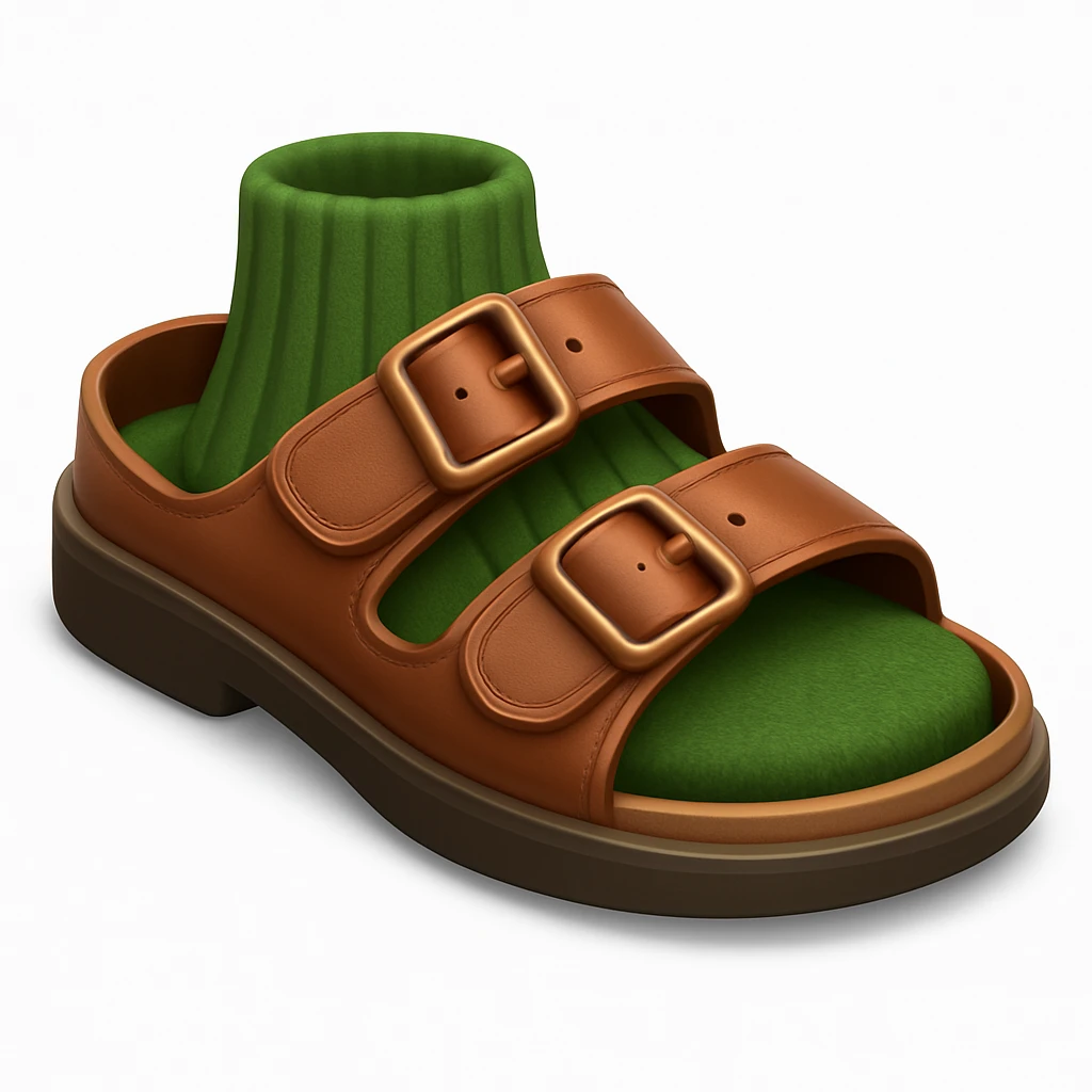 Create a shoe emoji that looks exactly like the reference image in iOS emoji style. The shoe should be 3D with shiny, smooth gradients, soft shadows, and a realistic brown sandal with straps, capturing the classic emoji look. Add a soft shadow under the shoe. emoji