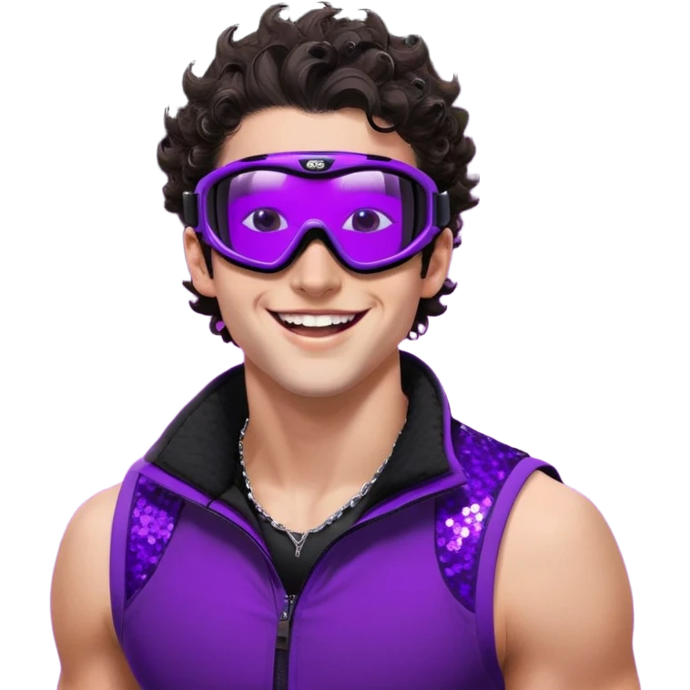close-up of cool guy male athlete with white skin and moderately curly dark brown hair on top with shaved sides, wearing ski goggles with purple frames and very dark black lenses, winking behind the goggles, with an open mouth confident smile like a cool guy, a simple plain black chain necklace, and a completely unzipped sleeveless vest with purple and black sequin fire pattern design with no logo emoji