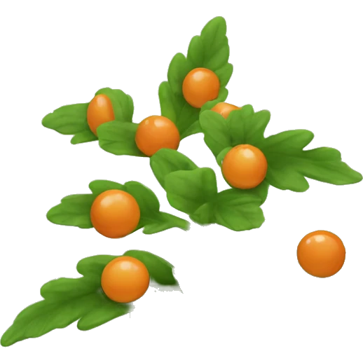Create an emoji of a plant with a thin, slightly hairy green stem and oval, dark green, serrated leaves in opposite pairs. Add small greenish-yellow star-shaped flowers and round, reddish-orange berries at the leaf axils. emoji