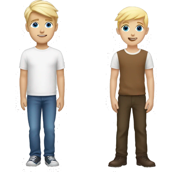 two blonds boys with blue eyes, one short and one tall next to a brunette with brown eyes of medium height emoji