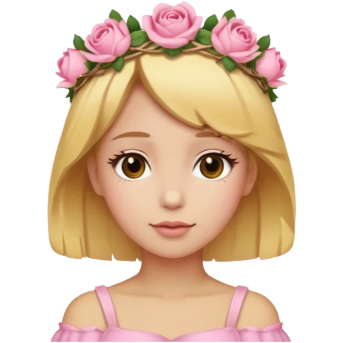Light golden skin female, short honey-blonde hair, wearing a soft pink rose crown. emoji
